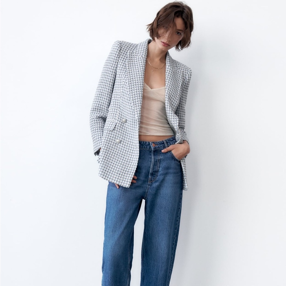 NWT Zara textured double breasted blazer with should pads size XS